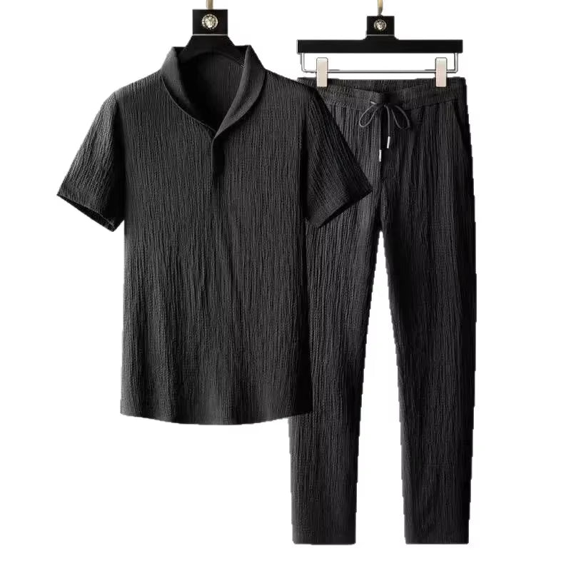 Summer Casual Thin Linen Set Men'S Sport Suit Outdoor Wear Short Sleeve Long Pants Two-Piece Set Lightweight Comfortable Fit