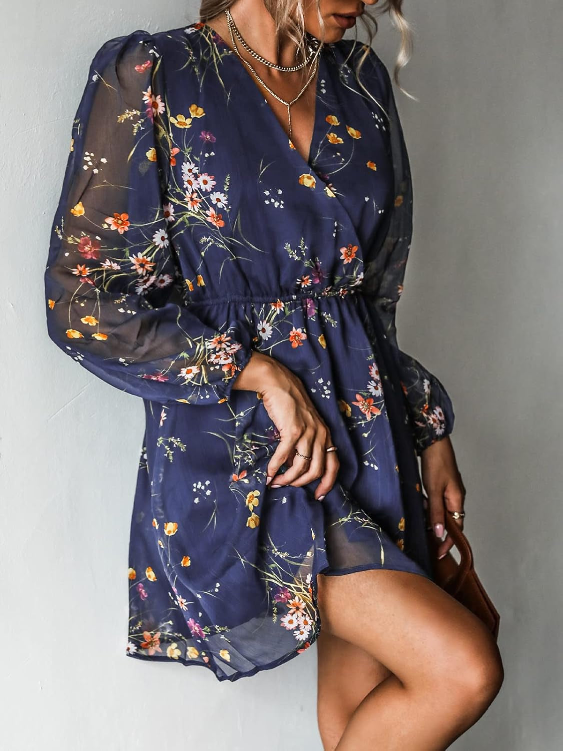 Women'S Mini Dresses Casual Spring V Neck Chiffon Long Peasant Sleeves Flowy Summer Dress