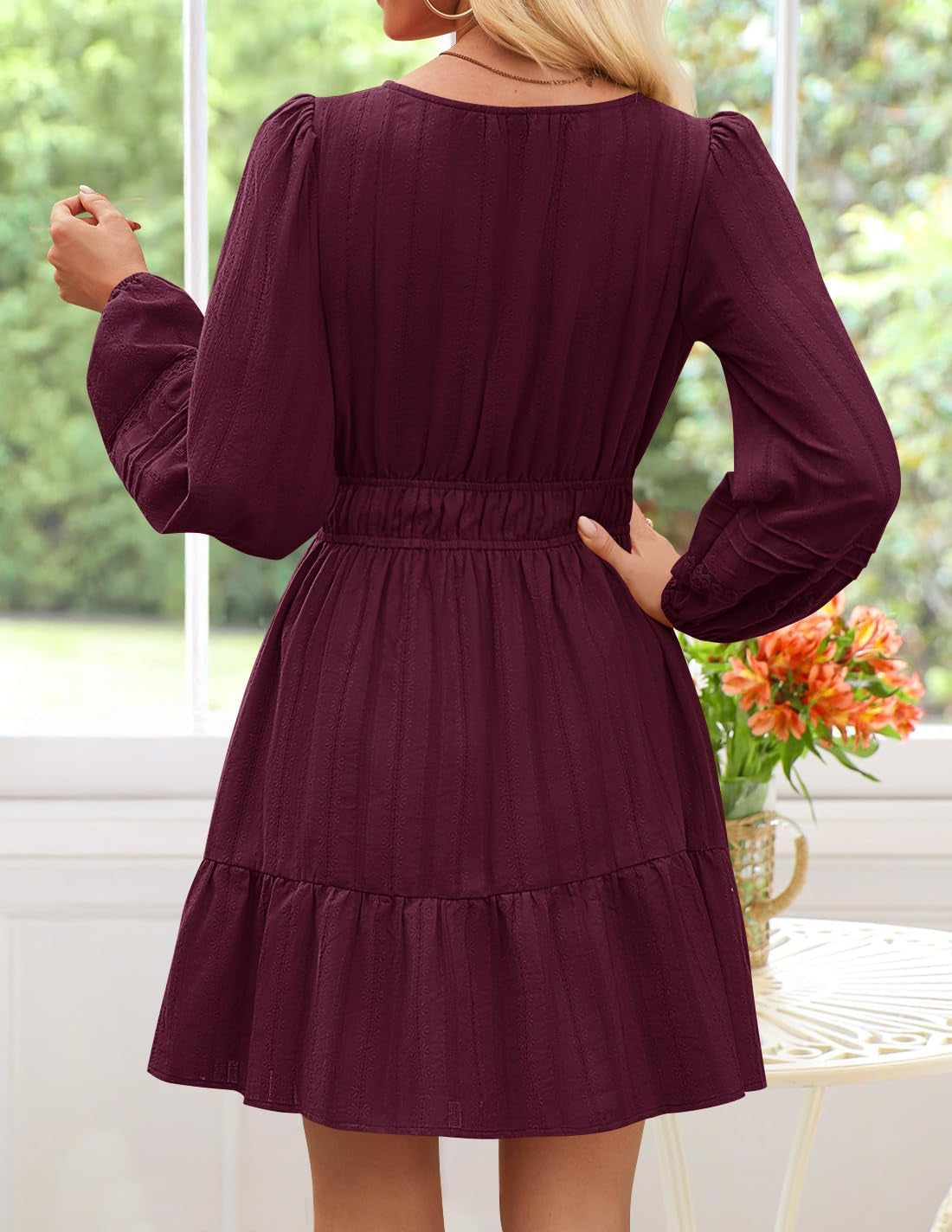 Fall Long Sleeve Mini Dresses for Women 2025 Lightweight V Neck High Waist a Line Flowy Swing Casual Party Dress