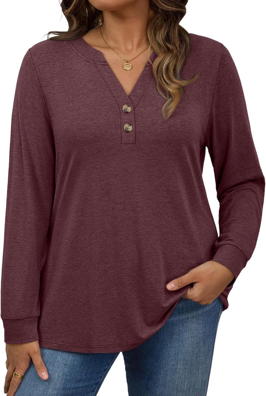 Womens plus Size Tops Long Sleeve Henley V Neck T Shirts Business Casual Fall Outfits Loose Fit Dressy Tunics Blouses