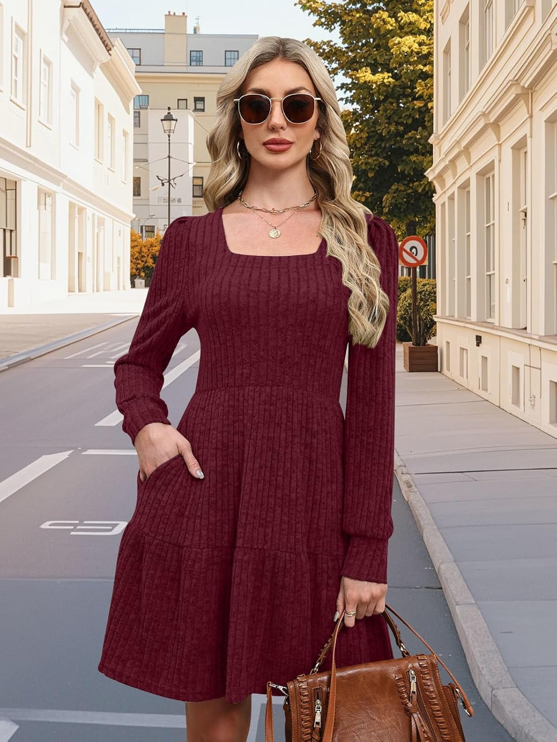 Women'S Fall Dresses 2025 Square Neck Long Sleeve Winter Dress