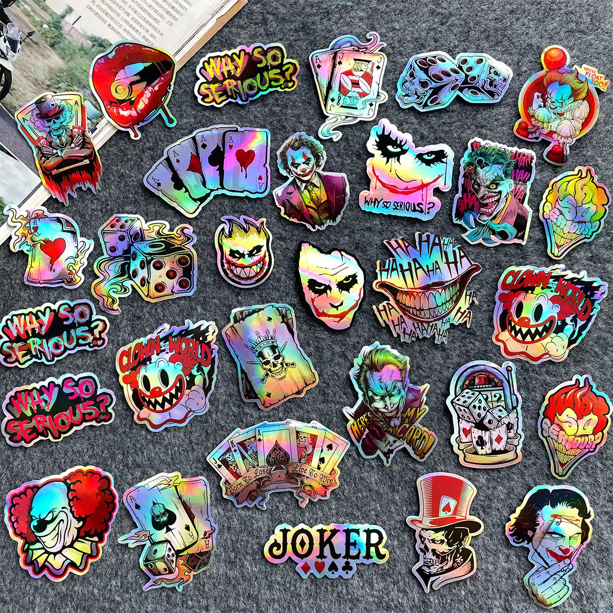30Pcs/Lot Random Joker Graphic Laser Rainbow Motorcycle Stickers Auto Car Moto Bike Scooter Helmet Fuel Tank Accessories Decals
