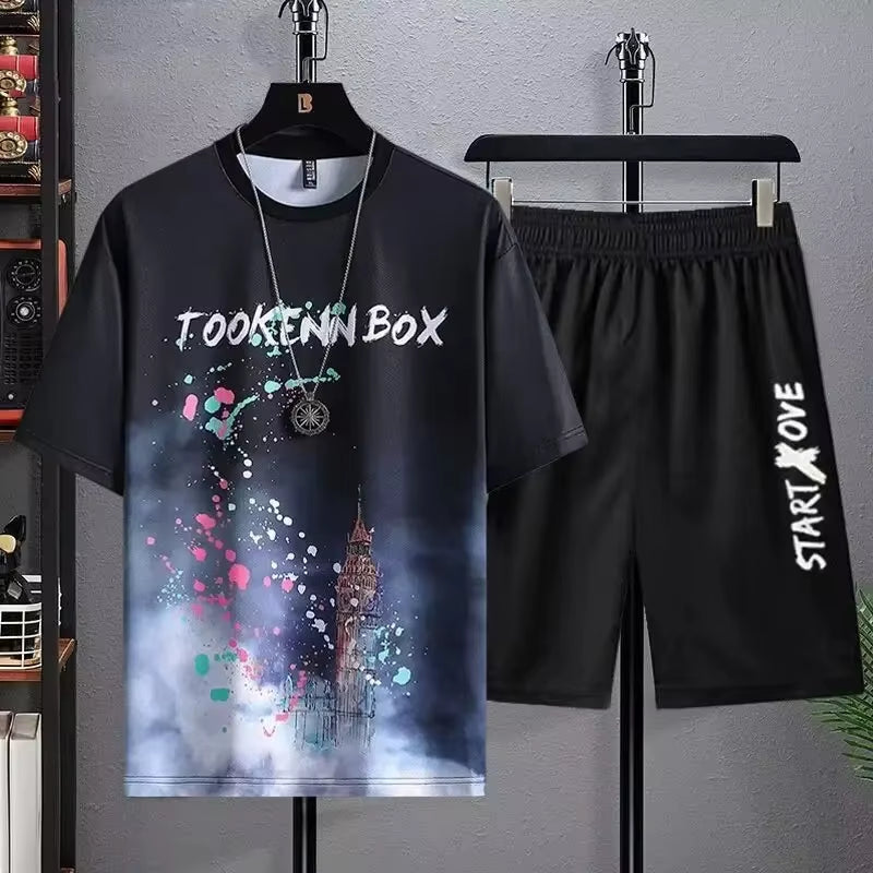 Summer Lightweight Ice Silk Gradient Set Men'S Short Sleeve T-Shirt Casual Shorts Sport Two-Piece Set Stylish Men'S Wear