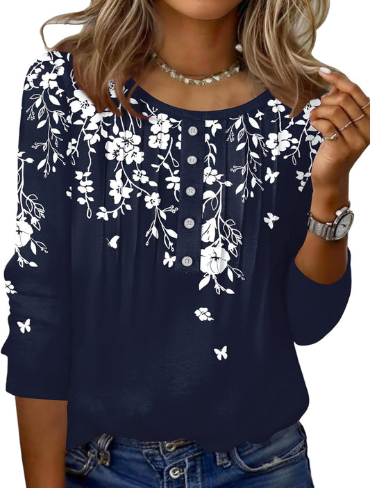 3/4 Length Sleeve Womens Tops round Neck Casual Summer Tunic Tops Basic Tees Blouses Dressy T-Shirts Pleated Shirts
