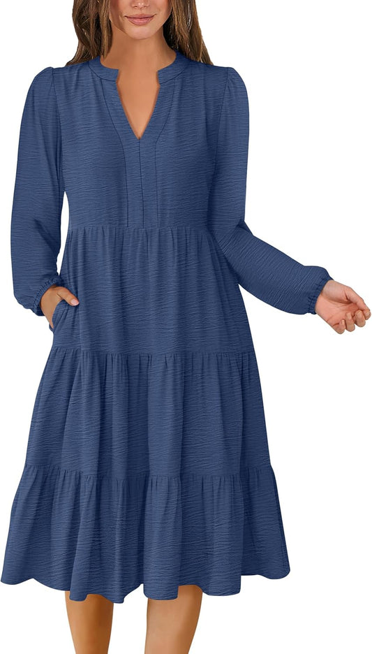 Womens Fall Midi Dresses Long Sleeve V Neck Swing Tiered Work Business Casual 2025 Flowy Beach Vacation Dress