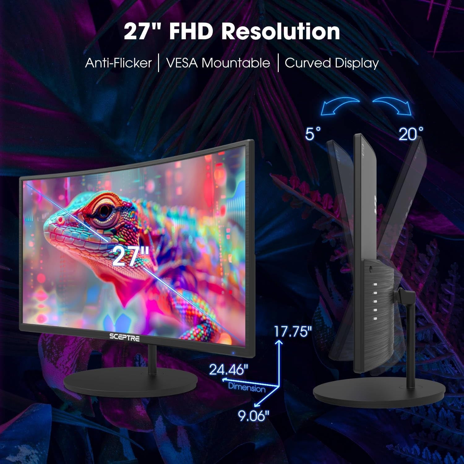 Curved 27" FHD 1080P 75Hz LED Monitor HDMI VGA Build-In Speakers, EDGE-LESS Metal Black 2019 (C275W-1920RN)