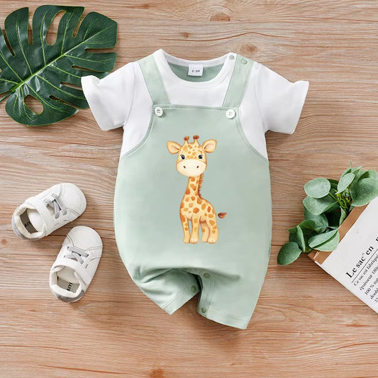 Newborn Baby Fake Two-Piece Strap Giraffe Soft, Comfortable and Cute Round-Neck Jumpsuit
