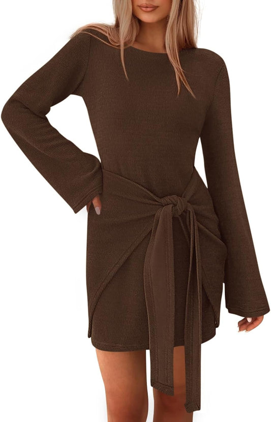 Women'S Casual Mini Dress 2025 Bell Long Sleeve Boat Neck Tie Waist Bodycon Dresses Knitted Party Fall Outfits