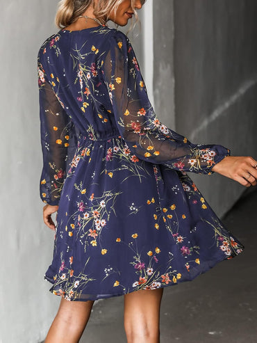 Women'S Mini Dresses Casual Spring V Neck Chiffon Long Peasant Sleeves Flowy Summer Dress