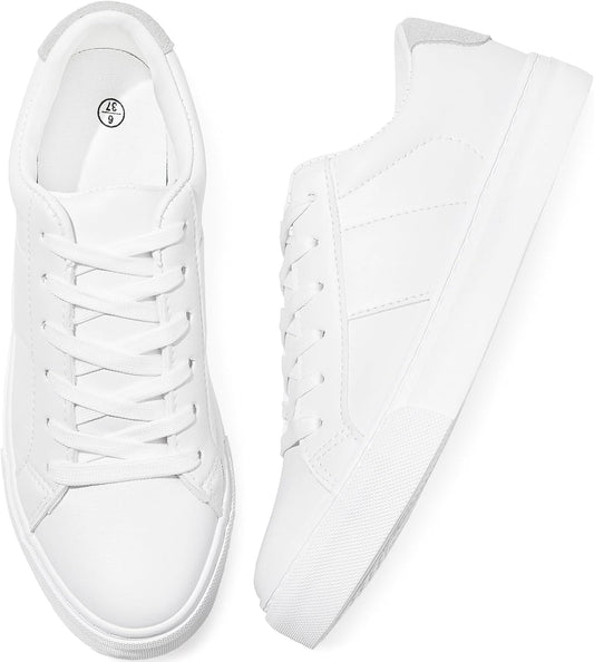 Women'S Fashion Sneakers PU Leather Casual Shoes White Tennis Low Top Shoes Womens Lace up Sneakers