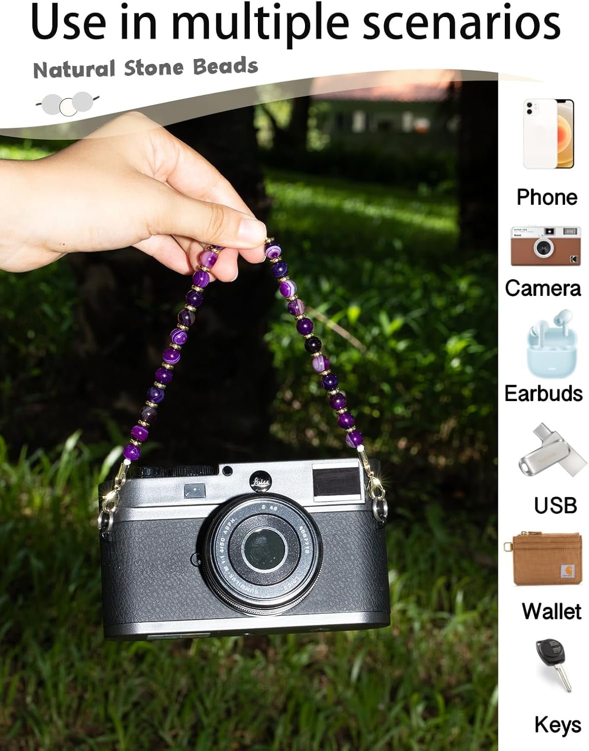 Healing Stone Phone Charm for Women, Beaded Phone Camera Wrist Strap, Handmade Cell Phone Chain Lanyard with Tether Tab Keychain Decor for Wallet (Purple Peacock Agate)