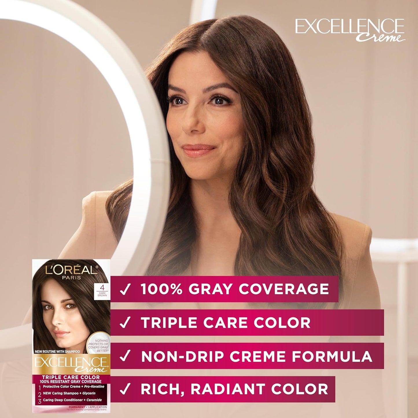 Excellence Creme Permanent Hair Color, 4 Dark Brown, 100 Percent Gray Coverage Hair Dye, Pack of 1