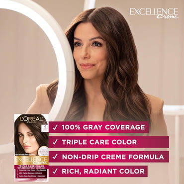 Excellence Creme Permanent Hair Color, 4 Dark Brown, 100 Percent Gray Coverage Hair Dye, Pack of 1