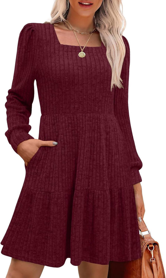 Women'S Fall Dresses 2025 Square Neck Long Sleeve Winter Dress