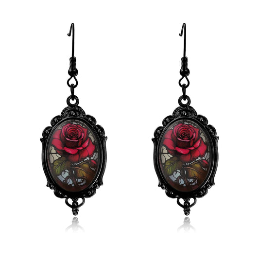 Gothic Red Rose Earrings for Woman, Halloween Earrings Vintage Cameo Goth Rose Jewelry as Gothic Accessories, Devil Drop Glass Flower Earring Grunge Jewelry as Halloween Outfits for Woman
