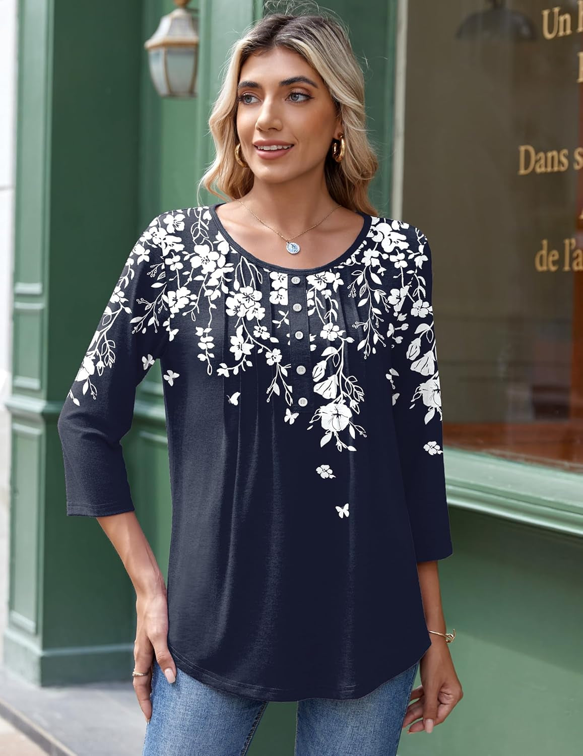 3/4 Length Sleeve Womens Tops round Neck Casual Summer Tunic Tops Basic Tees Blouses Dressy T-Shirts Pleated Shirts