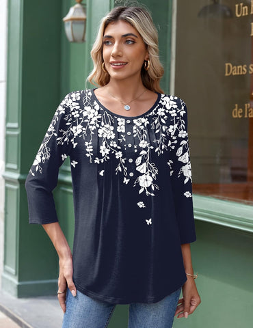 3/4 Length Sleeve Womens Tops round Neck Casual Summer Tunic Tops Basic Tees Blouses Dressy T-Shirts Pleated Shirts