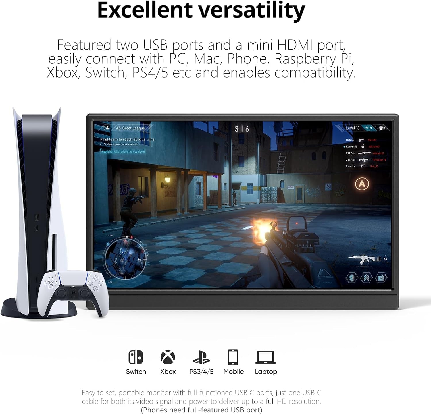 Portable Monitor 15.6 Inch 1080P USB-C HDMI Ultra-Slim Travel Monitor with Kickstand, for Laptop, PC, Mac Phone, PS, Xbox, Swich IPS Ultra-Thin Zero Frame Gaming