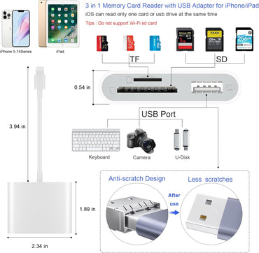 SD Card Reader for Iphone, Memory Card Reader with USB Camera Adapter Plug and Play Trail Game Camera Viewer Supports SD and TF Card Microsd Card Adapter for Ipad No App Required