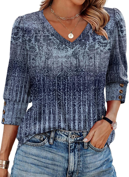 Womens 3/4 Sleeve Tops with Buttons V-Neck Summer Outfits Casual Blouses Shirts Beach Vacation Fall Clothes 2025