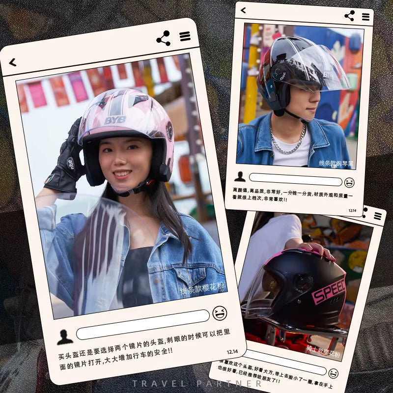 Motorcycle Open Face Helmet for Men and Women Dual Lens Sun Visor Face Shield Top Lightweight Scooter Bike Retro 3/4 Helmet