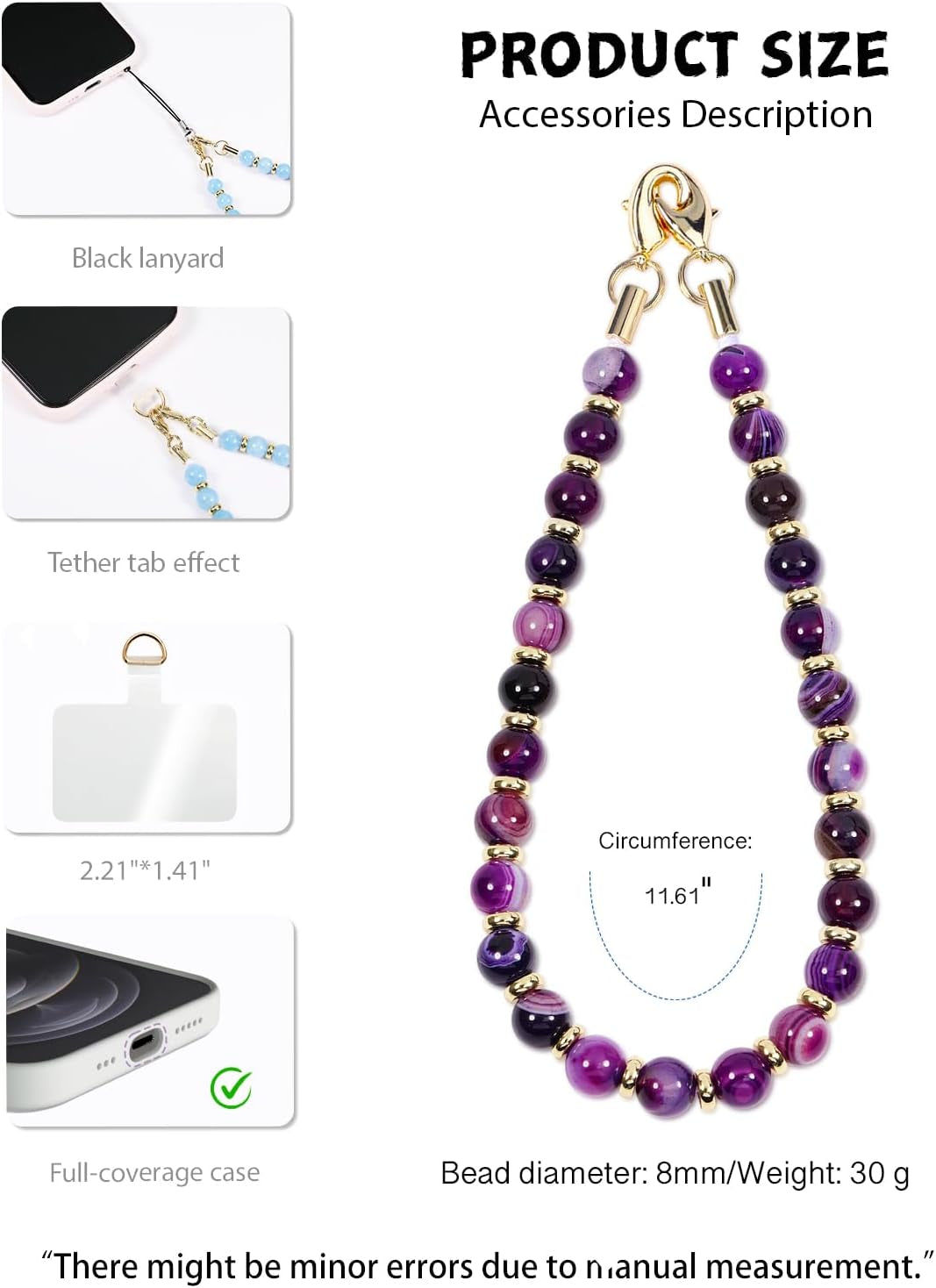 Healing Stone Phone Charm for Women, Beaded Phone Camera Wrist Strap, Handmade Cell Phone Chain Lanyard with Tether Tab Keychain Decor for Wallet (Purple Peacock Agate)