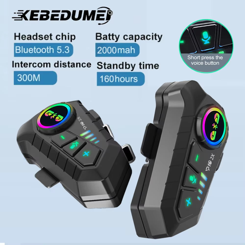 1/2X Motorcycle Intercom Headset Helmet BT 5.3 for 2 Riders Intercommunicator 300M Waterproof Music Sharing Interphone