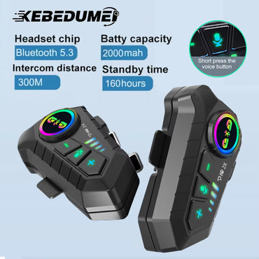 1/2X Motorcycle Intercom Headset Helmet BT 5.3 for 2 Riders Intercommunicator 300M Waterproof Music Sharing Interphone