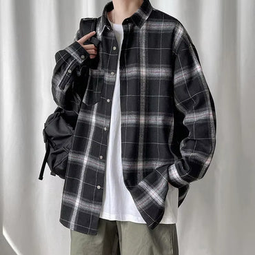 Hong Kong Style Vintage Plaid Shirt Men'S Spring Autumn Loose Casual Korean Version Large Size Trendy Outerwear