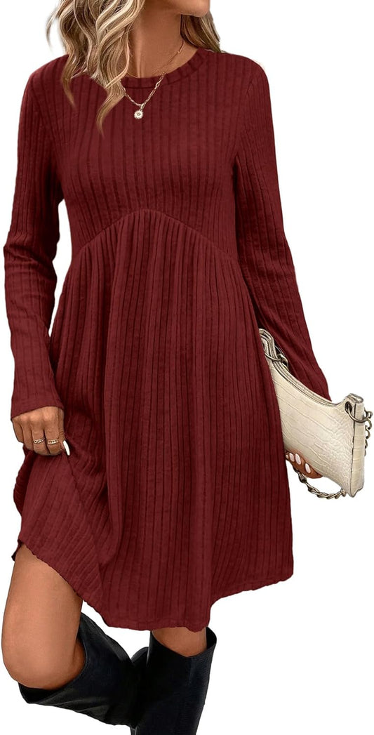 Long Sleeve Dress for Women Crew Neck Empire Waist Tunic Dress with Pockets