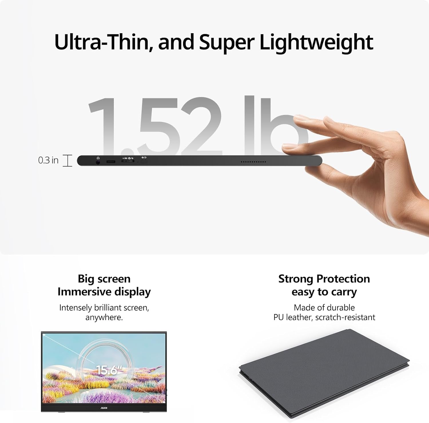 Portable Monitor 15.6Inch FHD 1080P USB C HDMI Gaming Ultra-Slim IPS Display W/Smart Cover & Speakers,Hdr Plug&Play, External Monitor for Laptop PC Phone Mac (15.6'' 1080P)