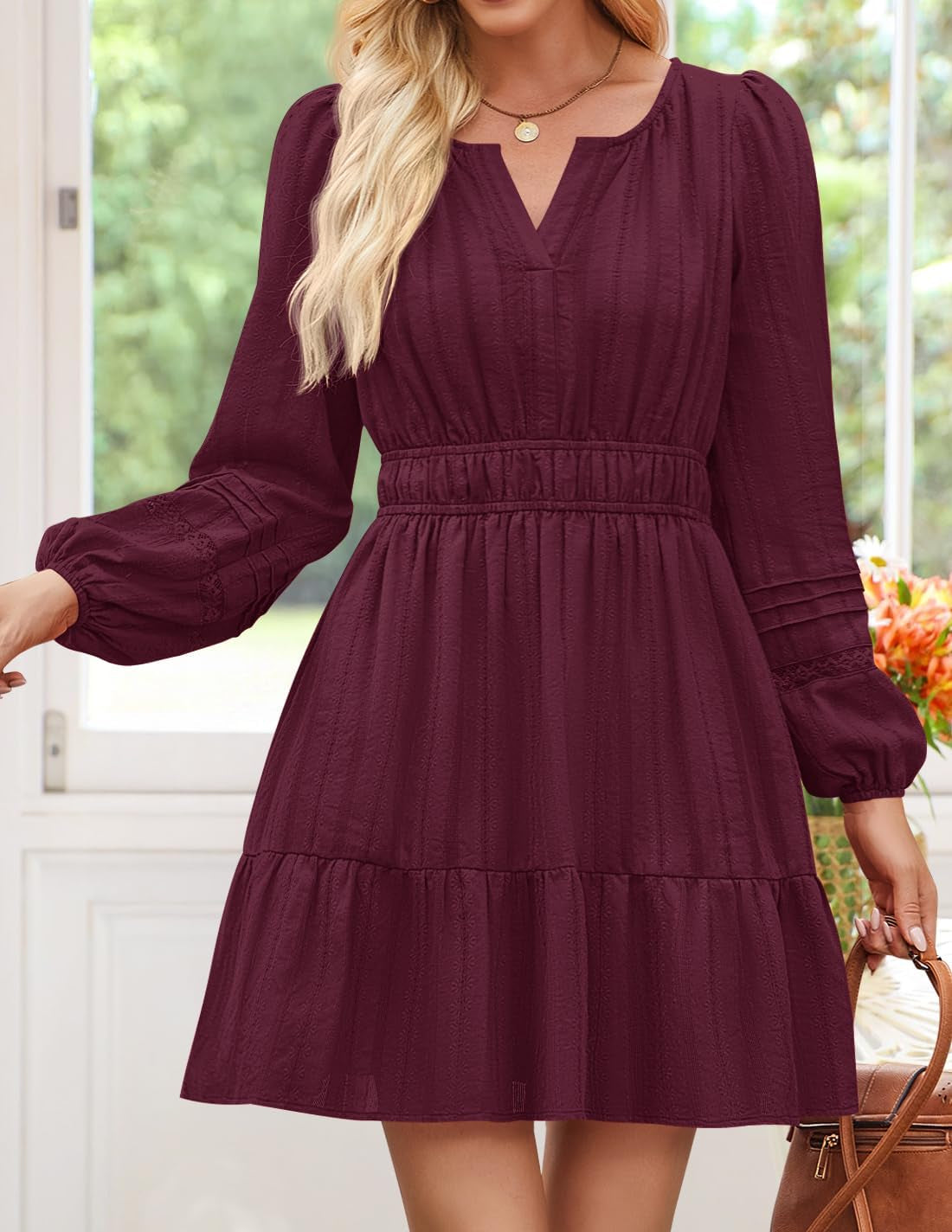 Fall Long Sleeve Mini Dresses for Women 2025 Lightweight V Neck High Waist a Line Flowy Swing Casual Party Dress