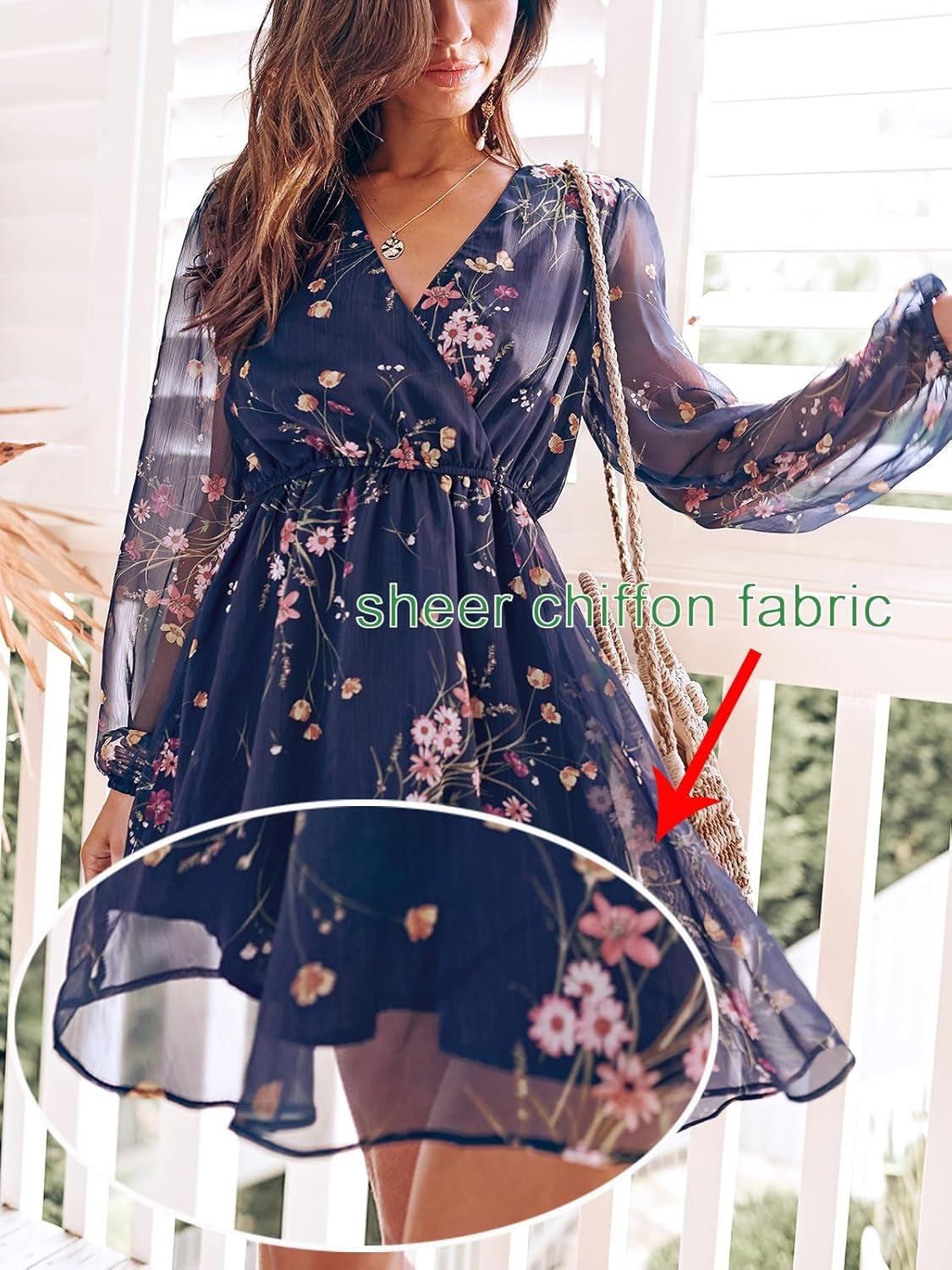 Women'S Mini Dresses Casual Spring V Neck Chiffon Long Peasant Sleeves Flowy Summer Dress