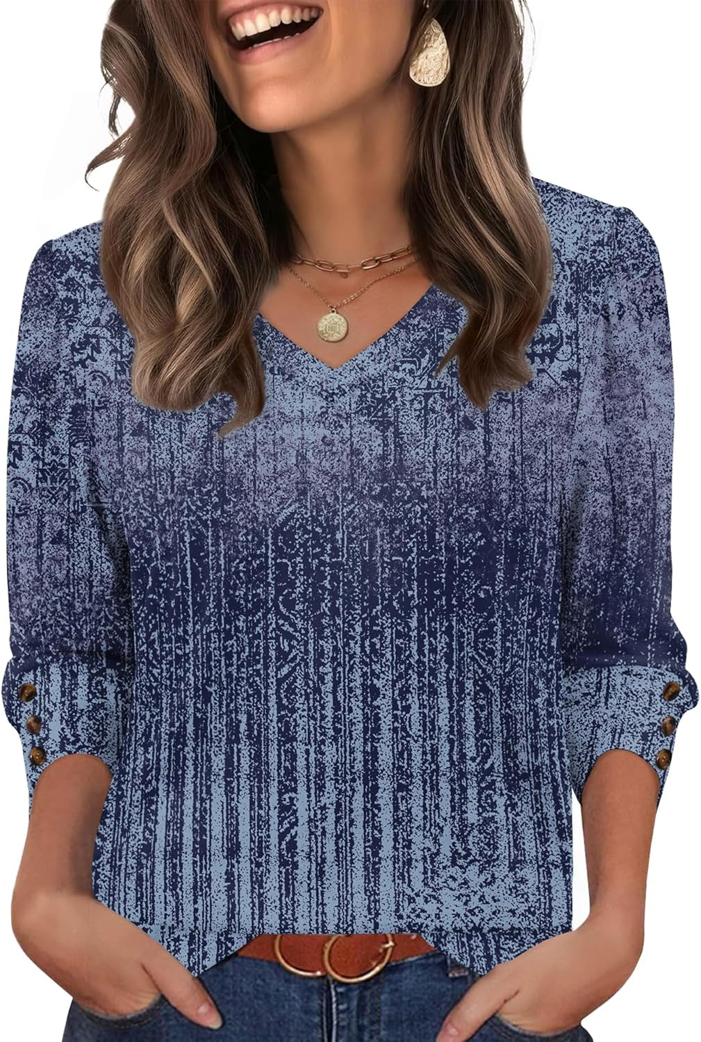Womens 3/4 Sleeve Tops with Buttons V-Neck Summer Outfits Casual Blouses Shirts Beach Vacation Fall Clothes 2025