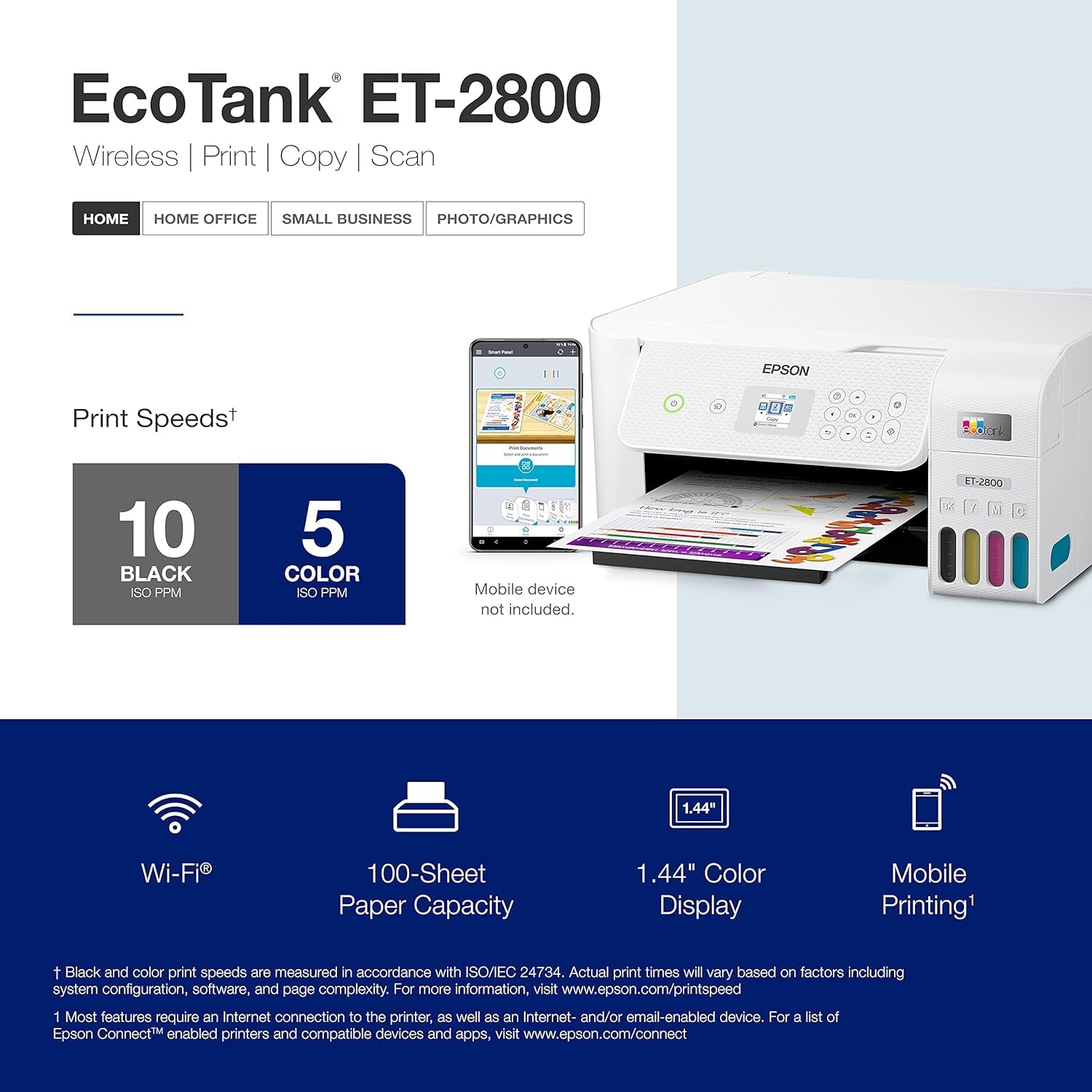 Ecotank ET-2800 Wireless Color All-In-One Cartridge-Free Supertank Printer with Scan and Copy €“ the Ideal Basic Home Printer - White, Medium
