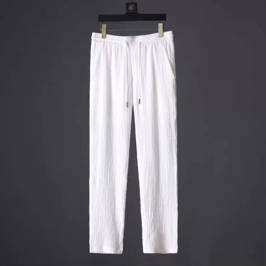 Summer Casual Thin Linen Set Men'S Sport Suit Outdoor Wear Short Sleeve Long Pants Two-Piece Set Lightweight Comfortable Fit