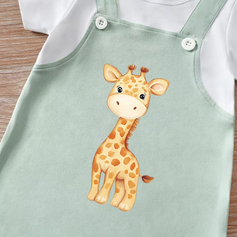 Newborn Baby Fake Two-Piece Strap Giraffe Soft, Comfortable and Cute Round-Neck Jumpsuit