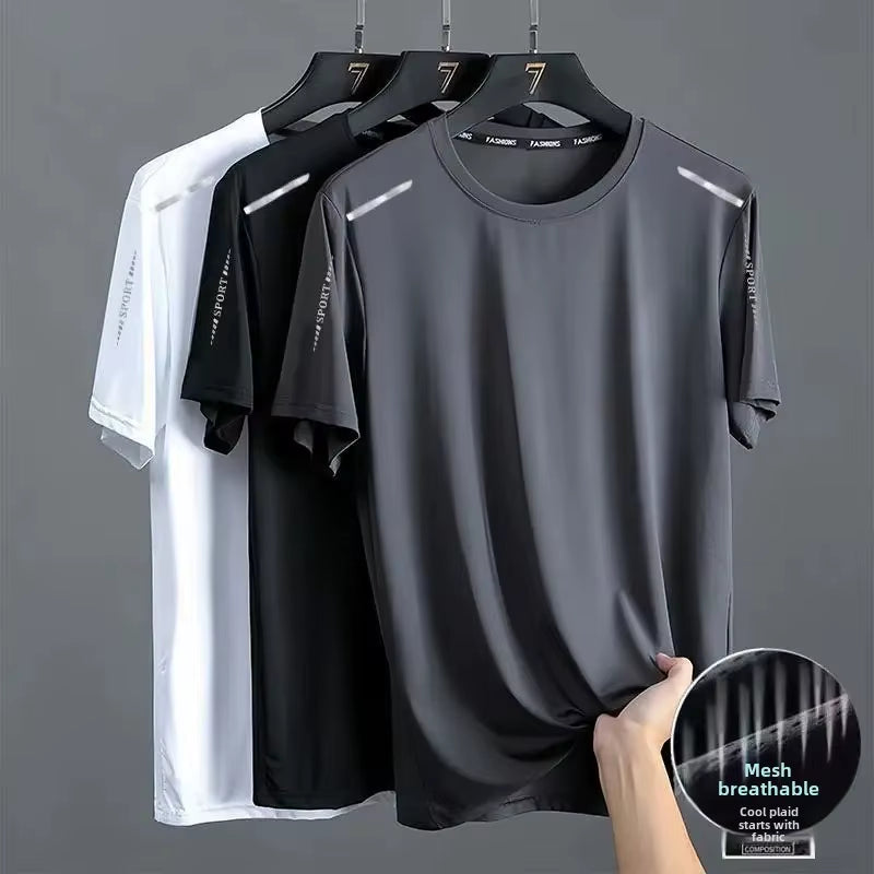 Summer Quick Dry T-Shirt Men'S Half Sleeve Loose Fit Ice Cool Breathable Fitness Running plus Size Elastic Quick Drying Sports S
