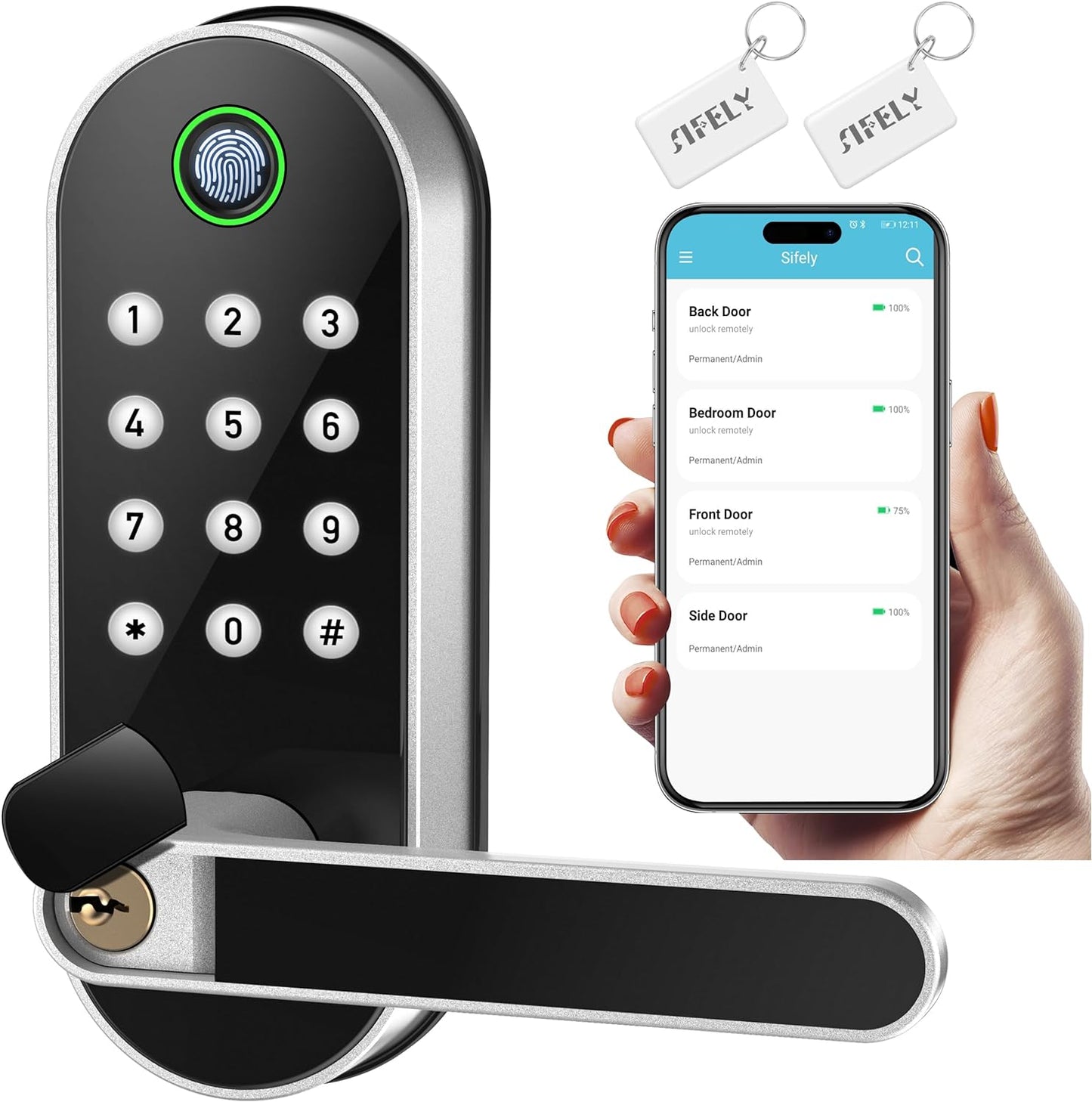 Keyless Entry Fingerprint Smart Lock with Handle & Keypad:  Biometric Digital Electronic Lock with Code, Electric Deadbolt Door Knob for Front, Interior, Exterior & Bedroom Doors (Silver)