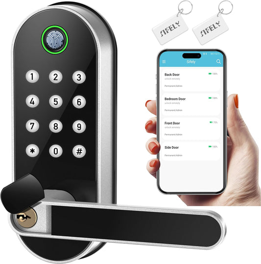 Keyless Entry Fingerprint Smart Lock with Handle & Keypad:  Biometric Digital Electronic Lock with Code, Electric Deadbolt Door Knob for Front, Interior, Exterior & Bedroom Doors (Silver)