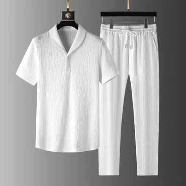 Summer Casual Thin Linen Set Men'S Sport Suit Outdoor Wear Short Sleeve Long Pants Two-Piece Set Lightweight Comfortable Fit