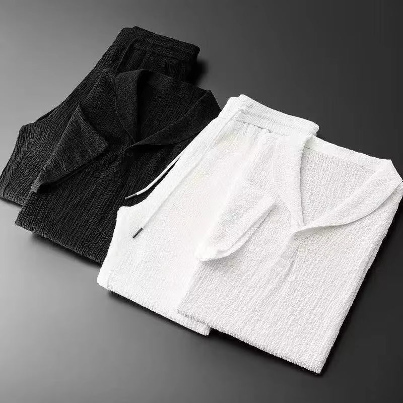 Summer Casual Thin Linen Set Men'S Sport Suit Outdoor Wear Short Sleeve Long Pants Two-Piece Set Lightweight Comfortable Fit