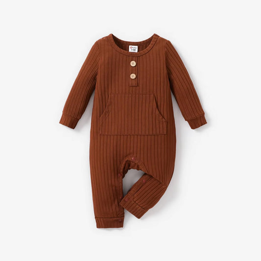 Baby Boy/Girl Solid Ribbed Long-Sleeve Jumpsuit with Pocket Soft and Comfortable Perfect for Outings Basic Style