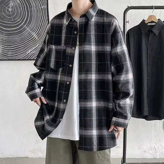 Hong Kong Style Vintage Plaid Shirt Men'S Spring Autumn Loose Casual Korean Version Large Size Trendy Outerwear