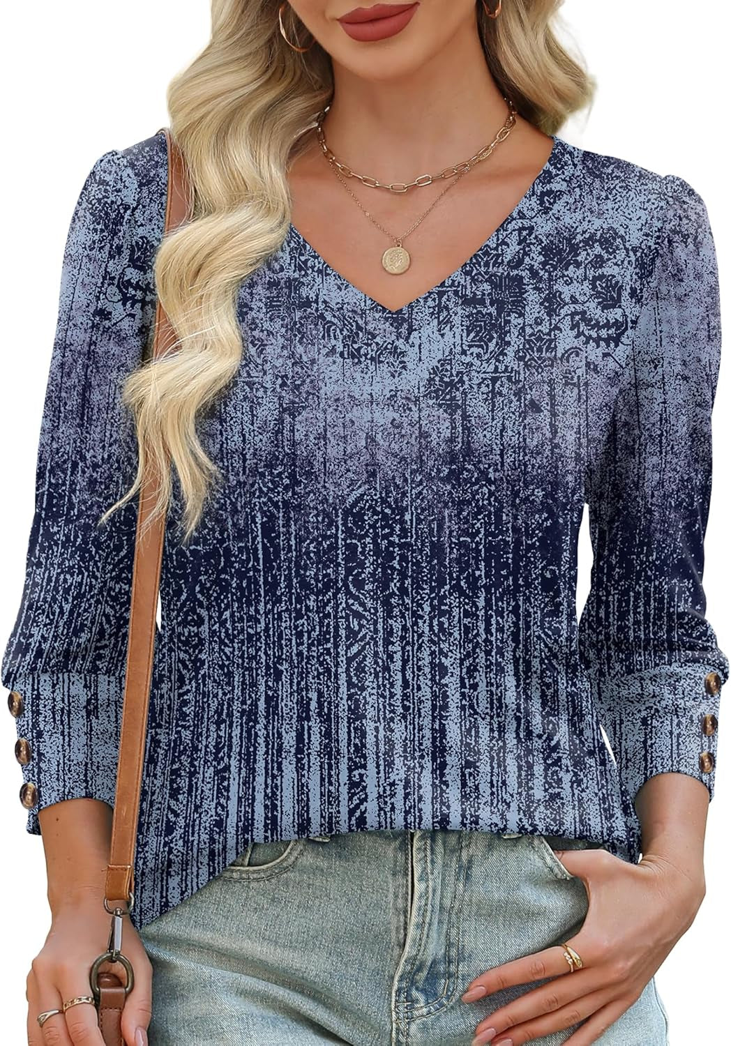 Womens 3/4 Sleeve Tops with Buttons V-Neck Summer Outfits Casual Blouses Shirts Beach Vacation Fall Clothes 2025