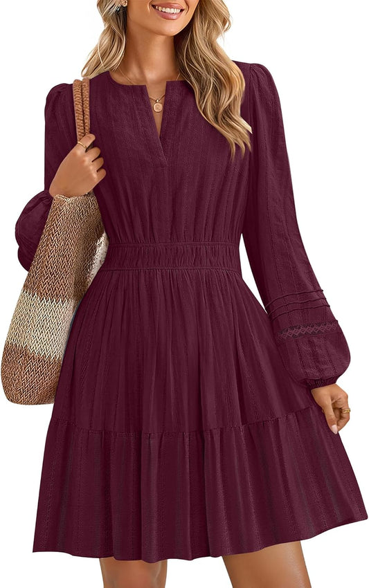 Fall Long Sleeve Mini Dresses for Women 2025 Lightweight V Neck High Waist a Line Flowy Swing Casual Party Dress