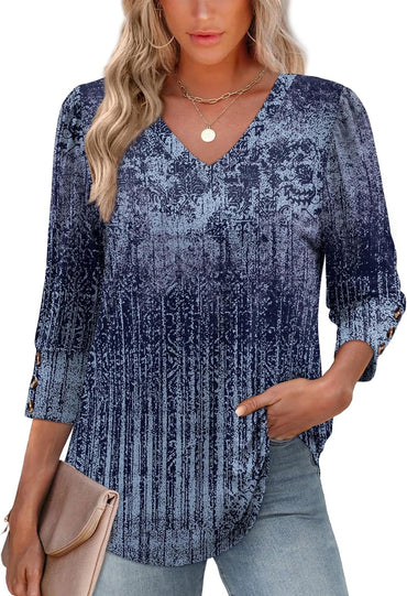 Womens 3/4 Sleeve Tops with Buttons V-Neck Summer Outfits Casual Blouses Shirts Beach Vacation Fall Clothes 2025