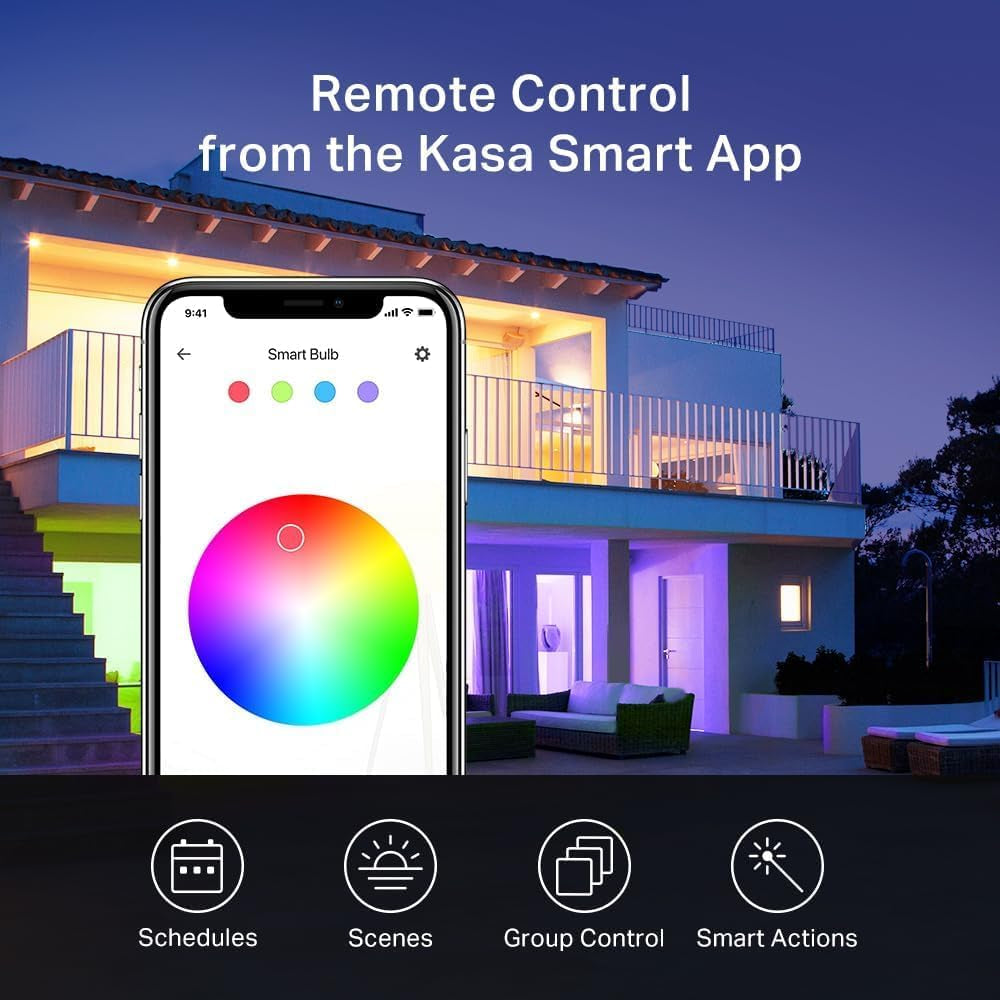 Light Bulbs, Full Color Changing Dimmable Smart Wifi Bulbs Compatible with Alexa and Google Home, A19, 9W 800 Lumens,2.4Ghz Only, No Hub Required, 4 Count (Pack of 1), Multicolor (KL125P4)