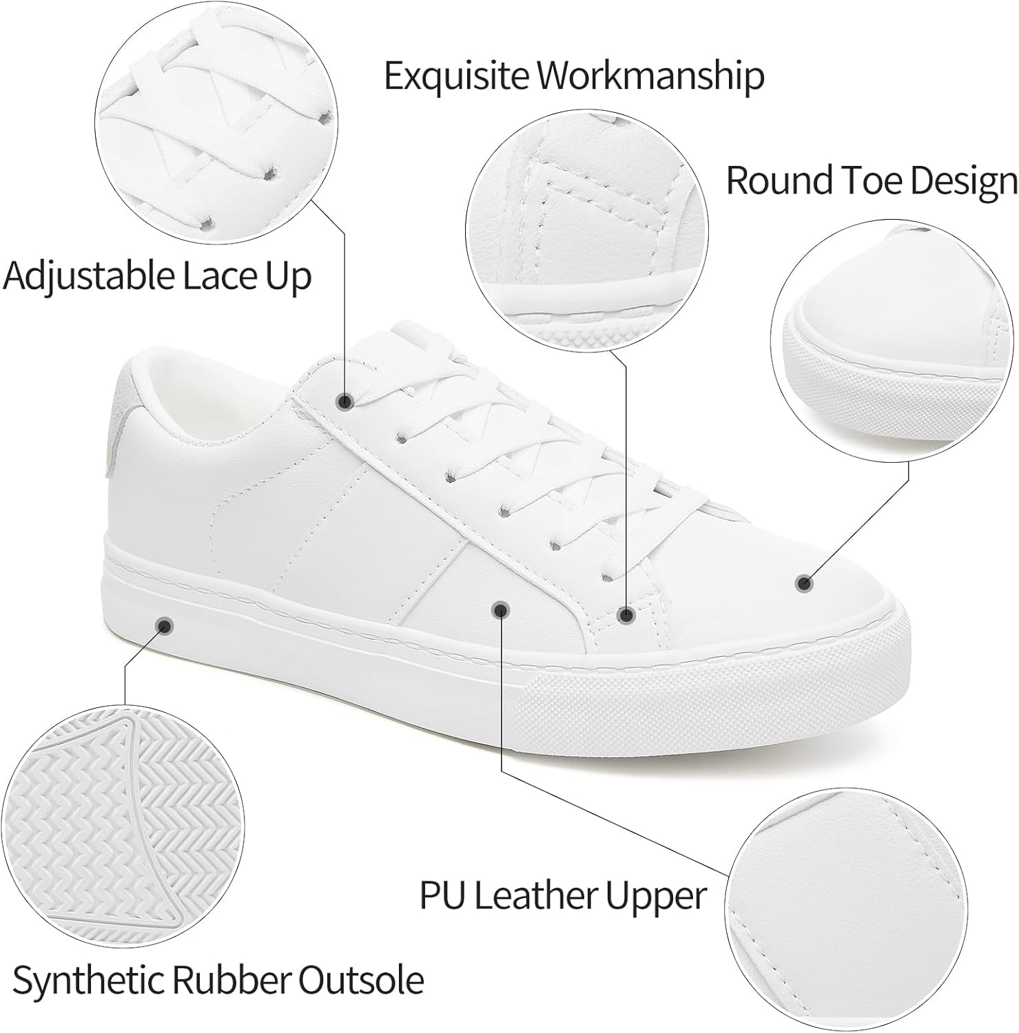 Women'S Fashion Sneakers PU Leather Casual Shoes White Tennis Low Top Shoes Womens Lace up Sneakers