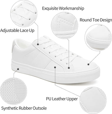 Women'S Fashion Sneakers PU Leather Casual Shoes White Tennis Low Top Shoes Womens Lace up Sneakers